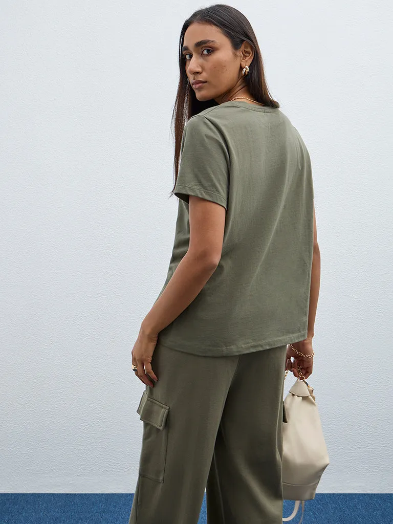 LOV Olive Ruched Cotton T-Shirt