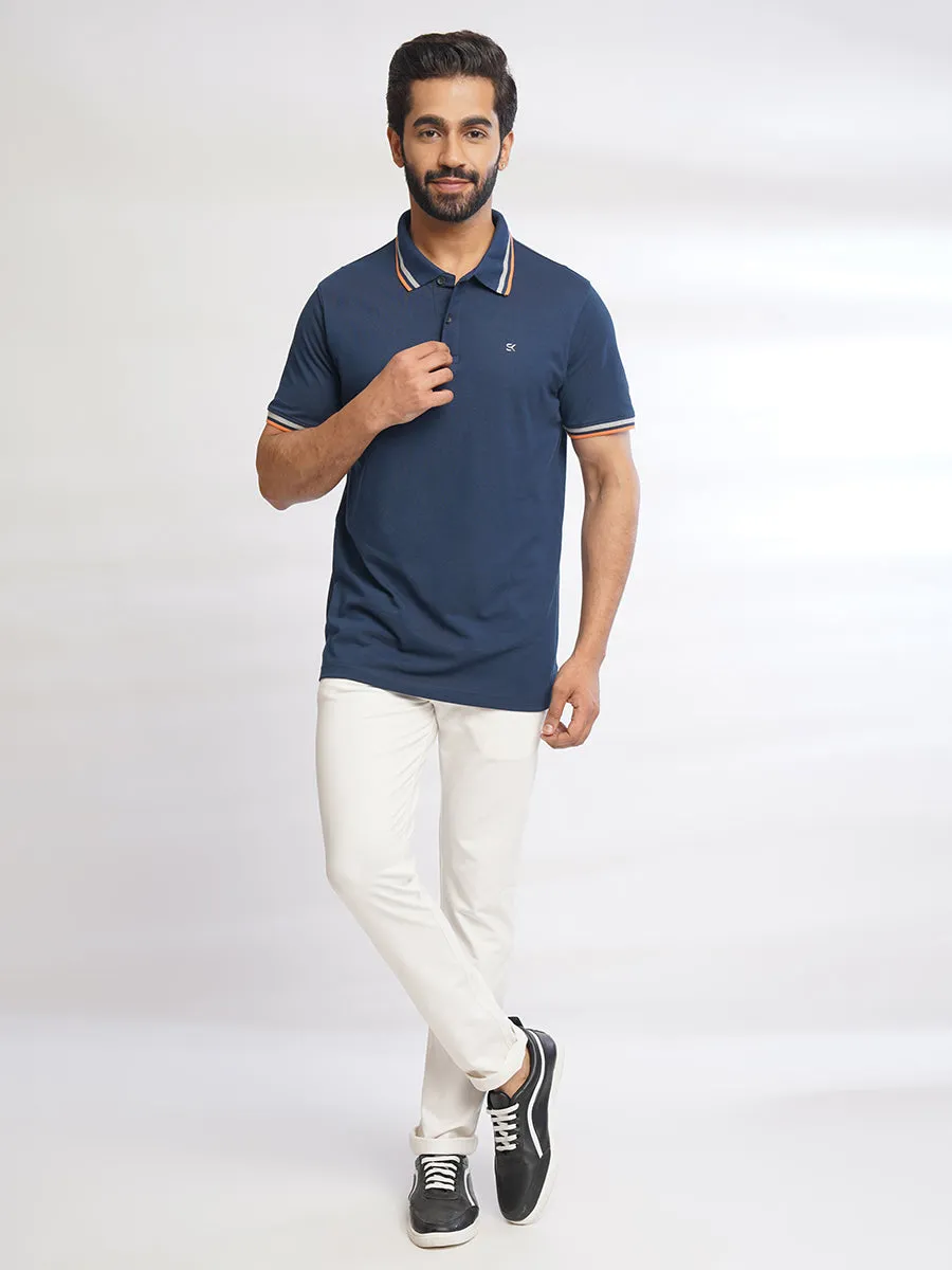 Men Pure Cotton Navy Blue Polo T-Shirt