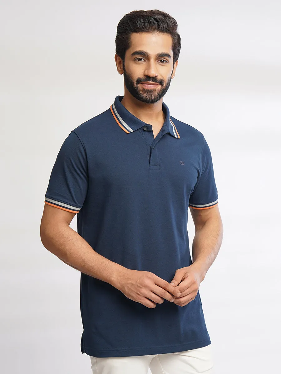 Men Pure Cotton Navy Blue Polo T-Shirt