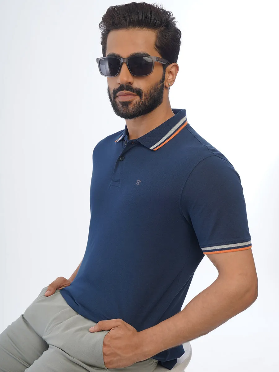 Men Pure Cotton Navy Blue Polo T-Shirt