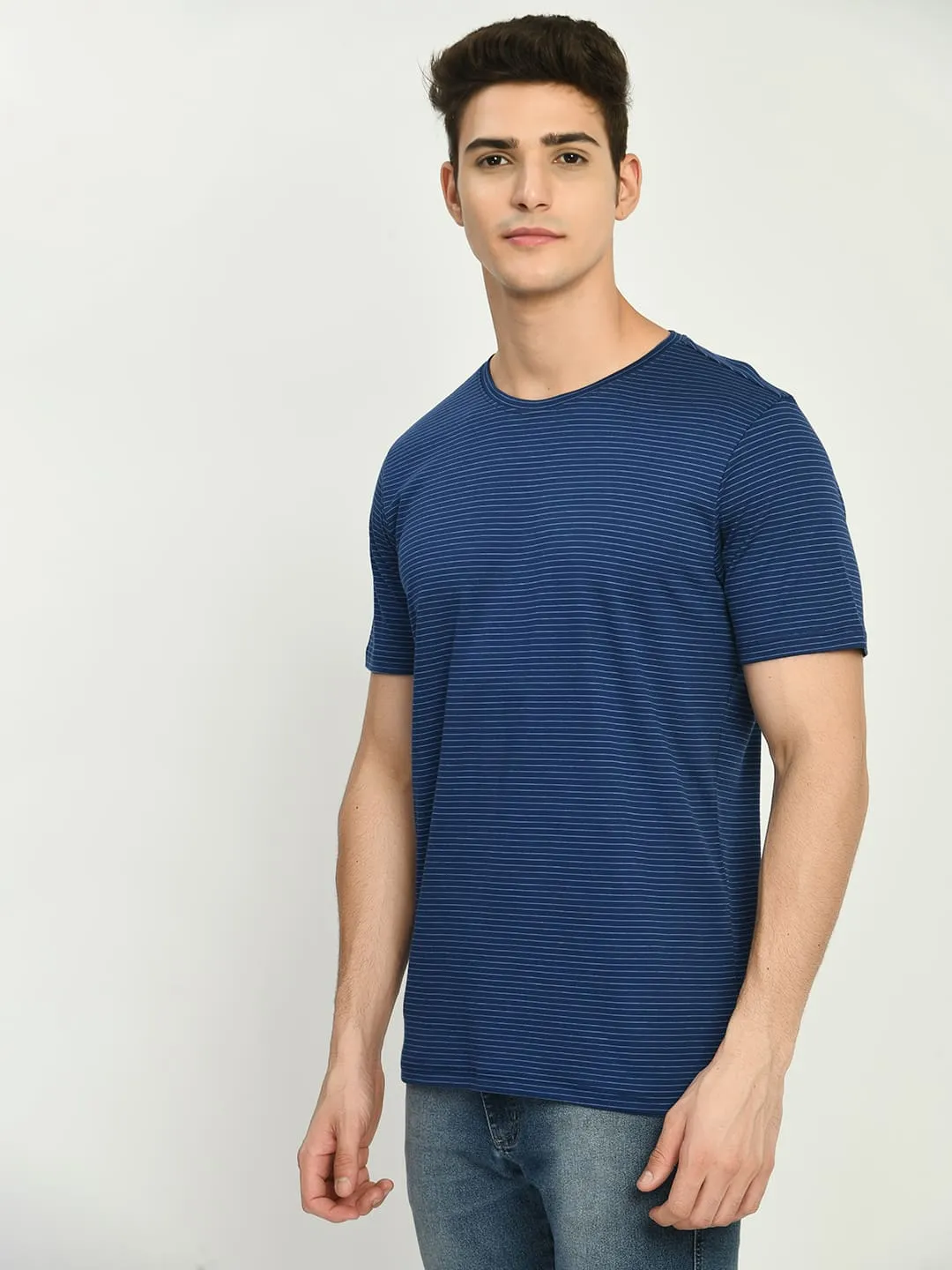 Men's Blue Striped Stylish Half Sleeve T-Shirt