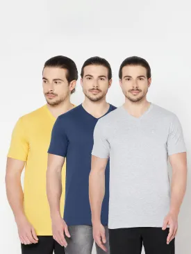 Men's Pack of 3 V neck Half Sleeve T-Shirt Yellow,Blue,Grey Melange