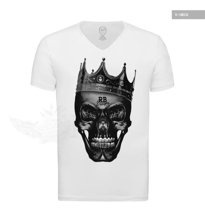 Mens White T-shirt Creepy Black Skull The Last King Top MD458