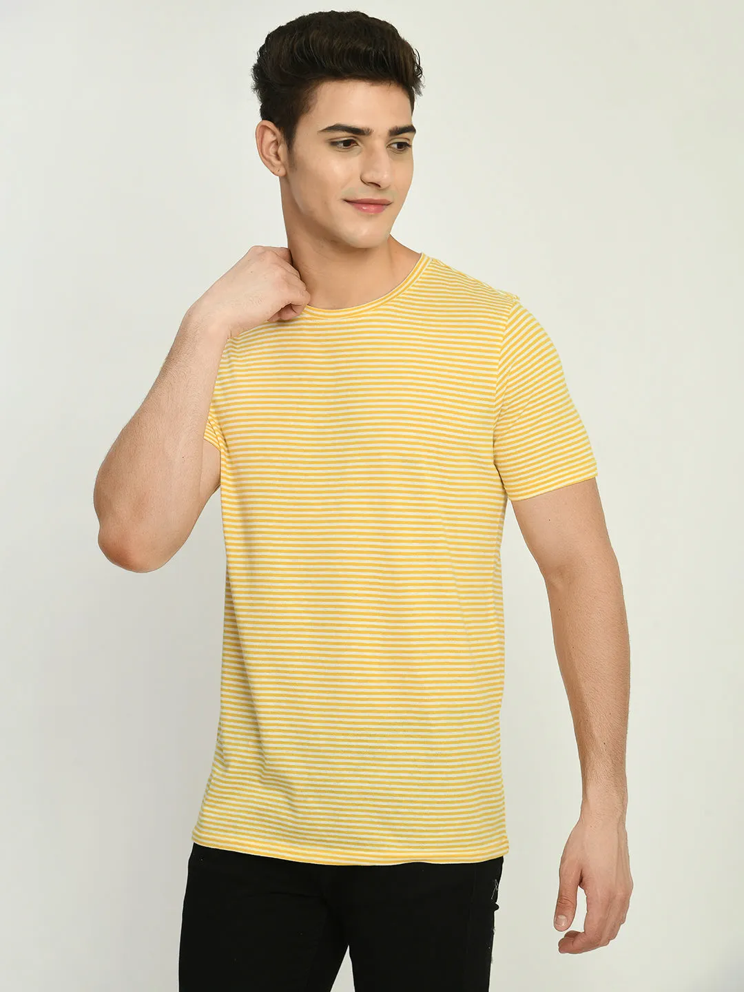 Men's Yellow White Striped Regular Fit T-Shirt