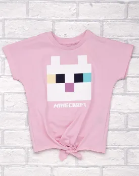 Minecraft Kitty Front Tie Girl's Pink T-Shirt Gamer Tee