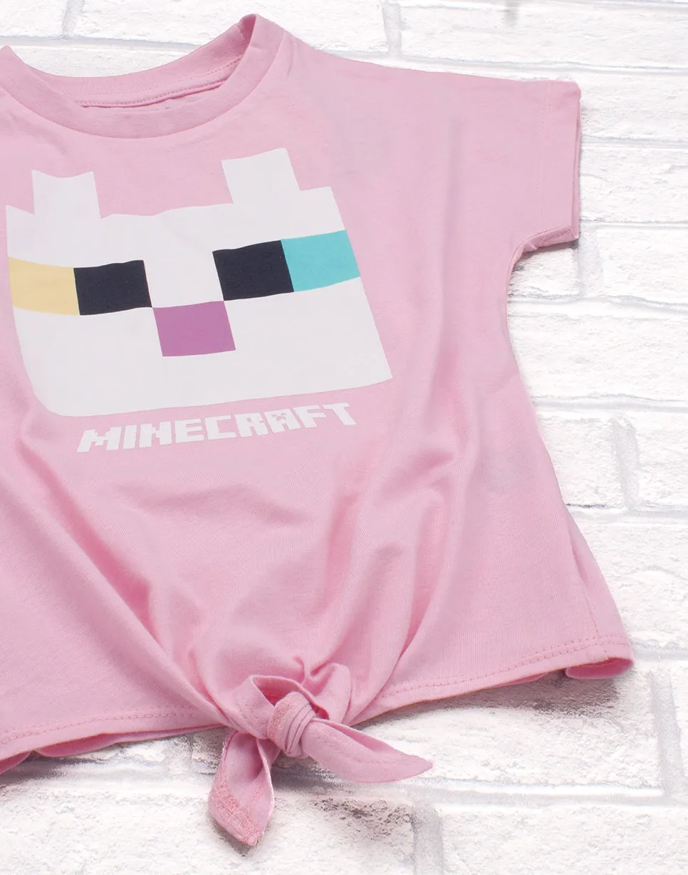 Minecraft Kitty Front Tie Girl's Pink T-Shirt Gamer Tee