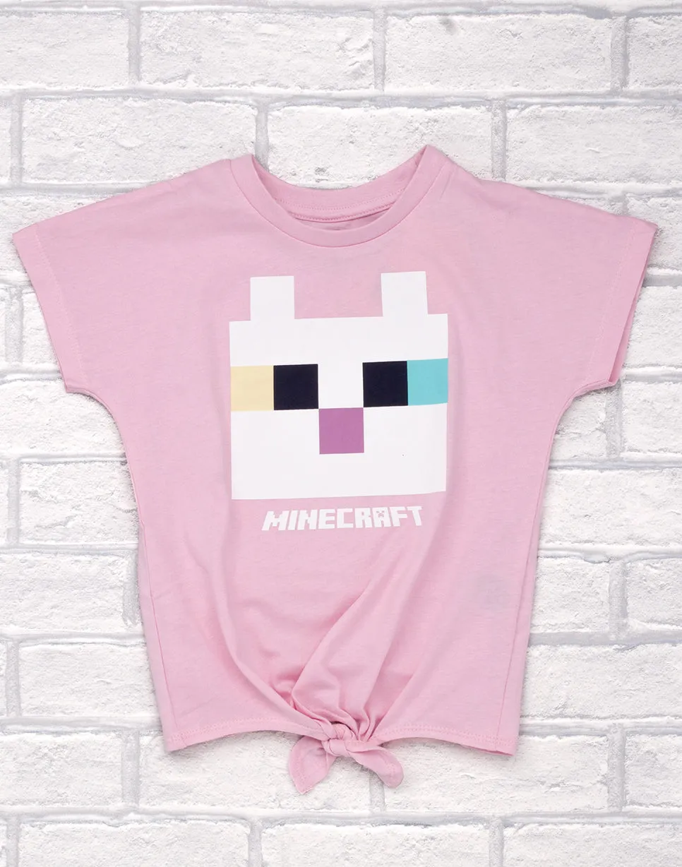 Minecraft Kitty Front Tie Girl's Pink T-Shirt Gamer Tee