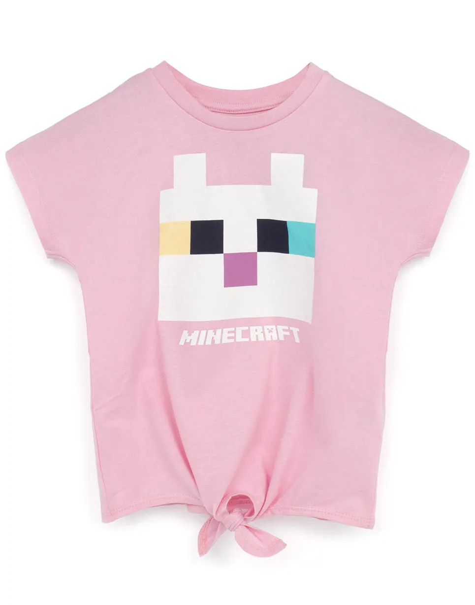 Minecraft Kitty Front Tie Girl's Pink T-Shirt Gamer Tee