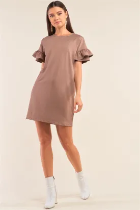 Mocha Loose Fit Crew Neck Ruffle Sleeve Detail T-Shirt Mini Dress /2-2-2