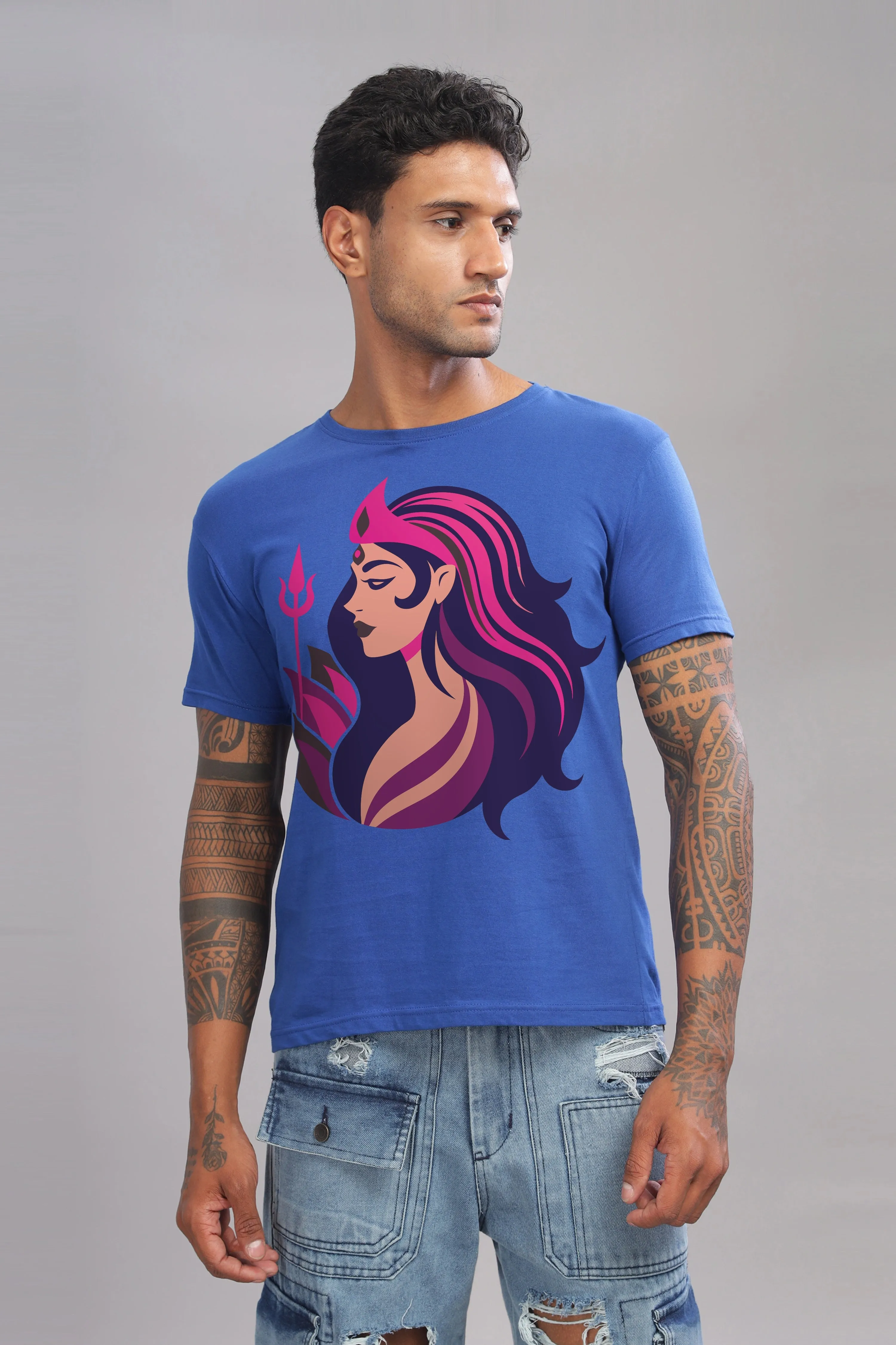 Moksh - 100% Cotton Royal Blue Crewneck Half Sleeve Unisex T-Shirt