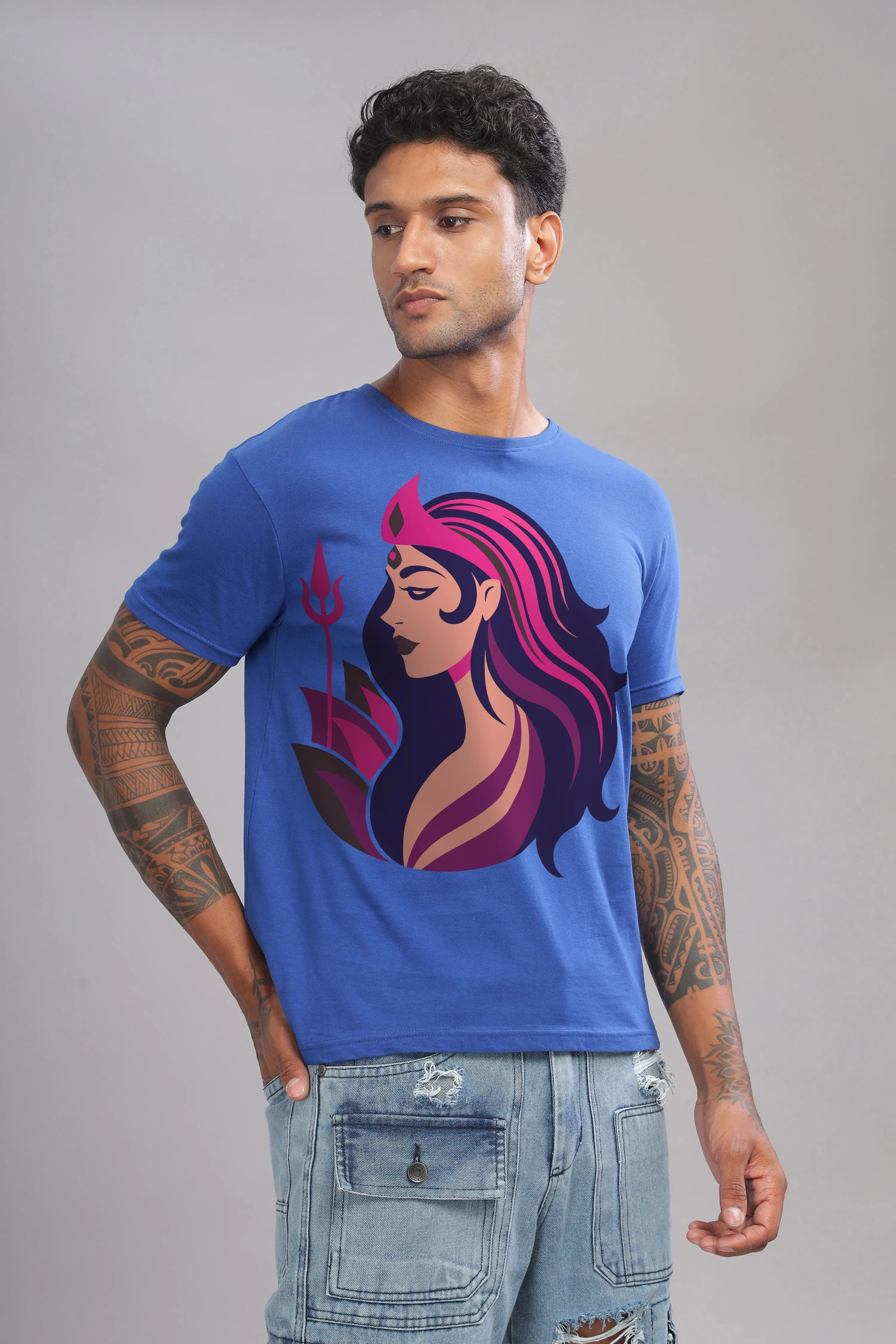 Moksh - 100% Cotton Royal Blue Crewneck Half Sleeve Unisex T-Shirt