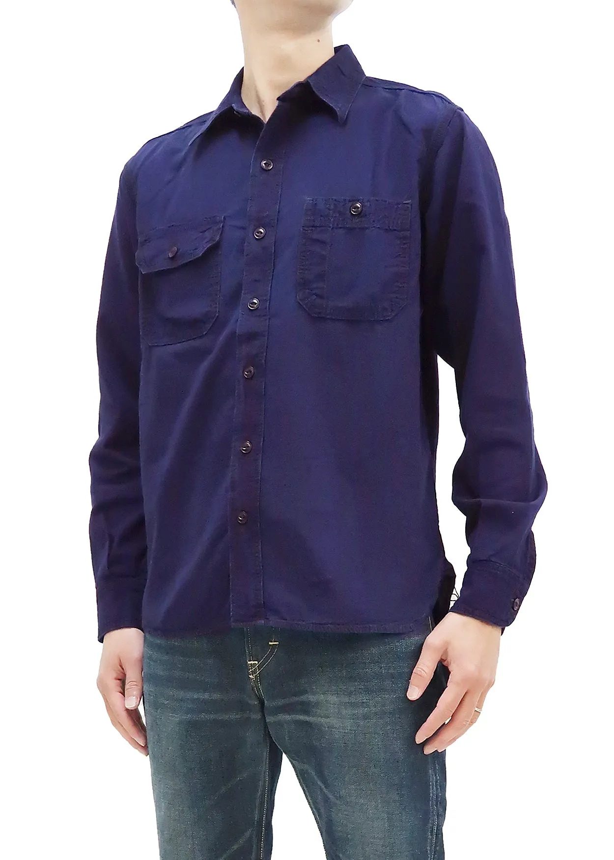 Momotaro Jeans Chambray Shirt Men's Solid Long Sleeve Button Up Work Shirt MLS2020M23 Indigo Overdyed