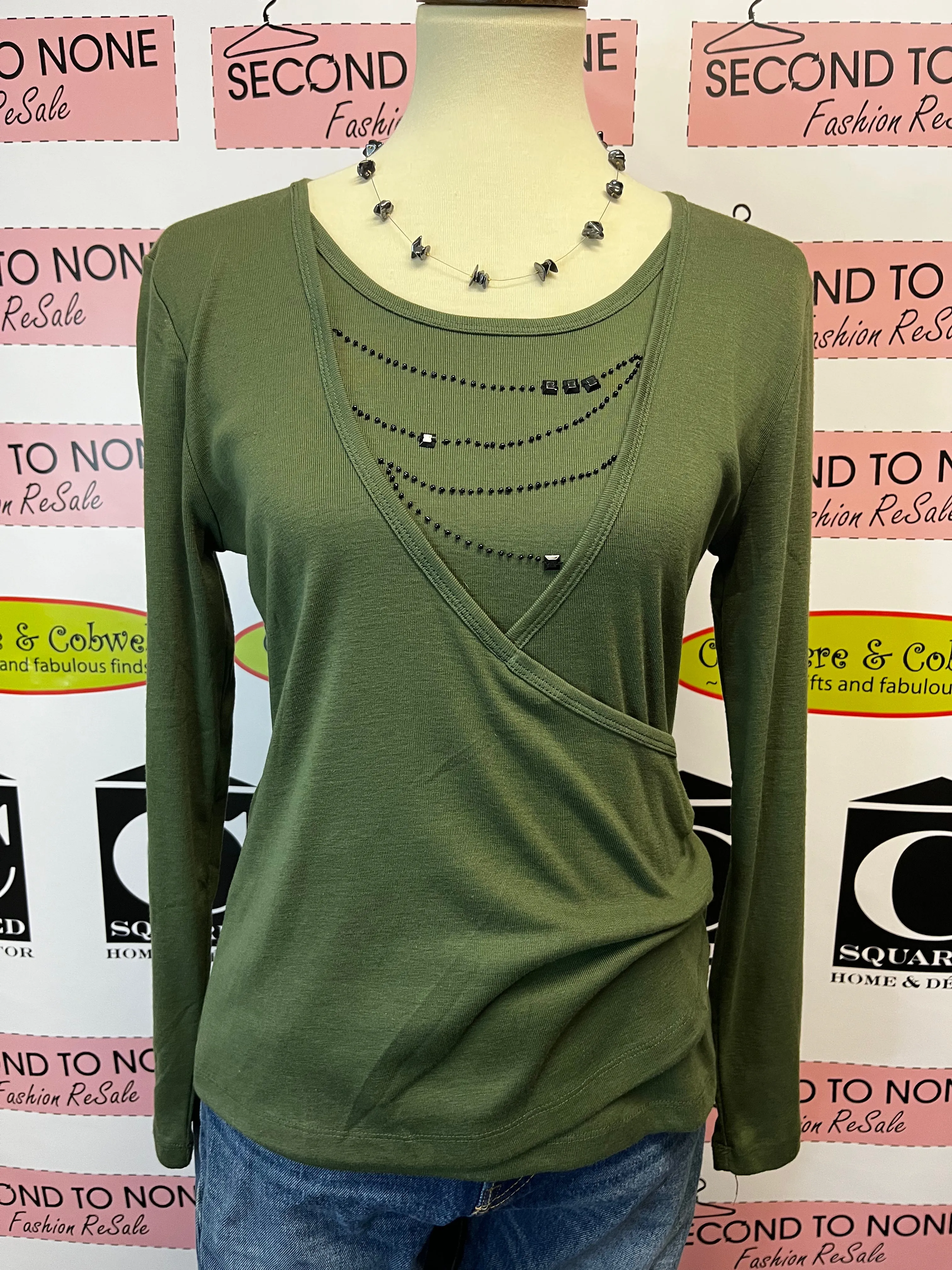 Olive Faux Wrap Top (Size S)