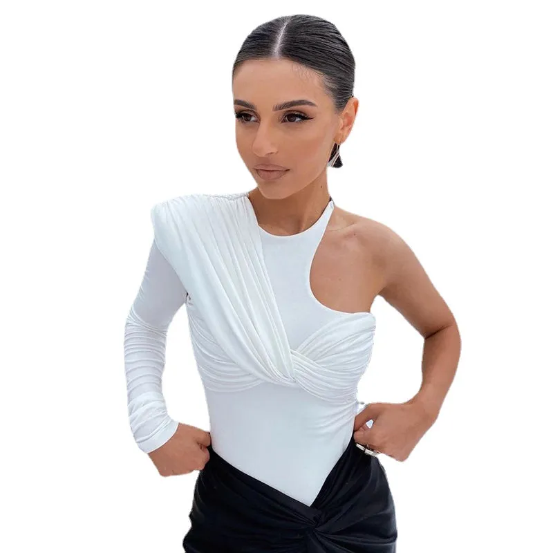 One-Shoulder Twisted Splicing Pleated Slim-Fit Asymmetric T-shirt