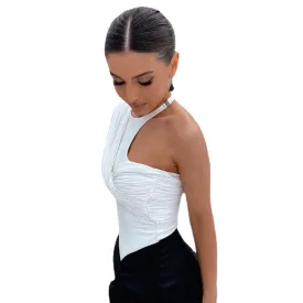 One-Shoulder Twisted Splicing Pleated Slim-Fit Asymmetric T-shirt