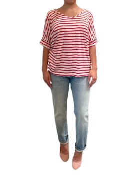 Red & ivory classic striped scoop neck short sleeve t-shirt