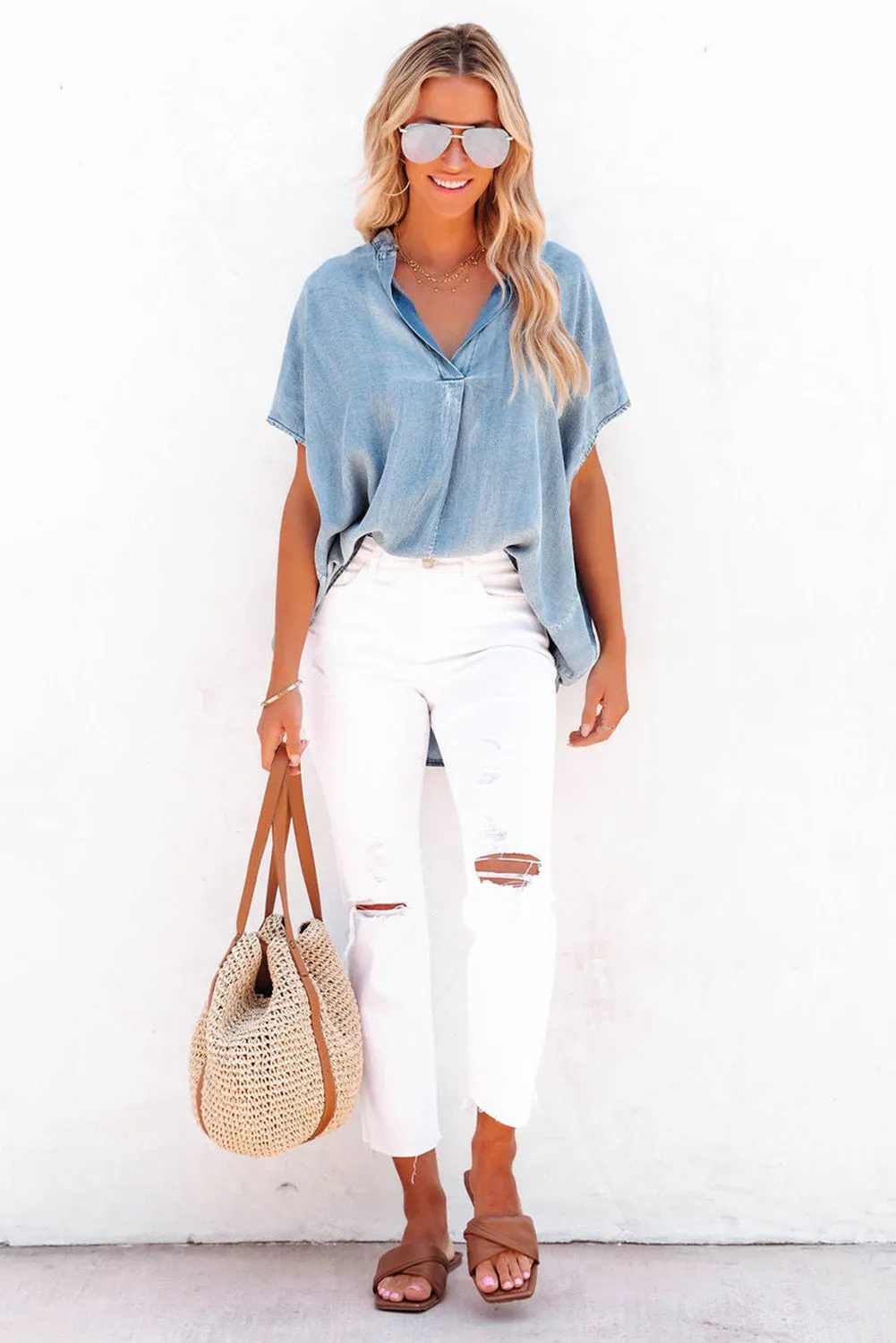 Short Sleeve Split V-neck Chambray Denim Jean Shirt