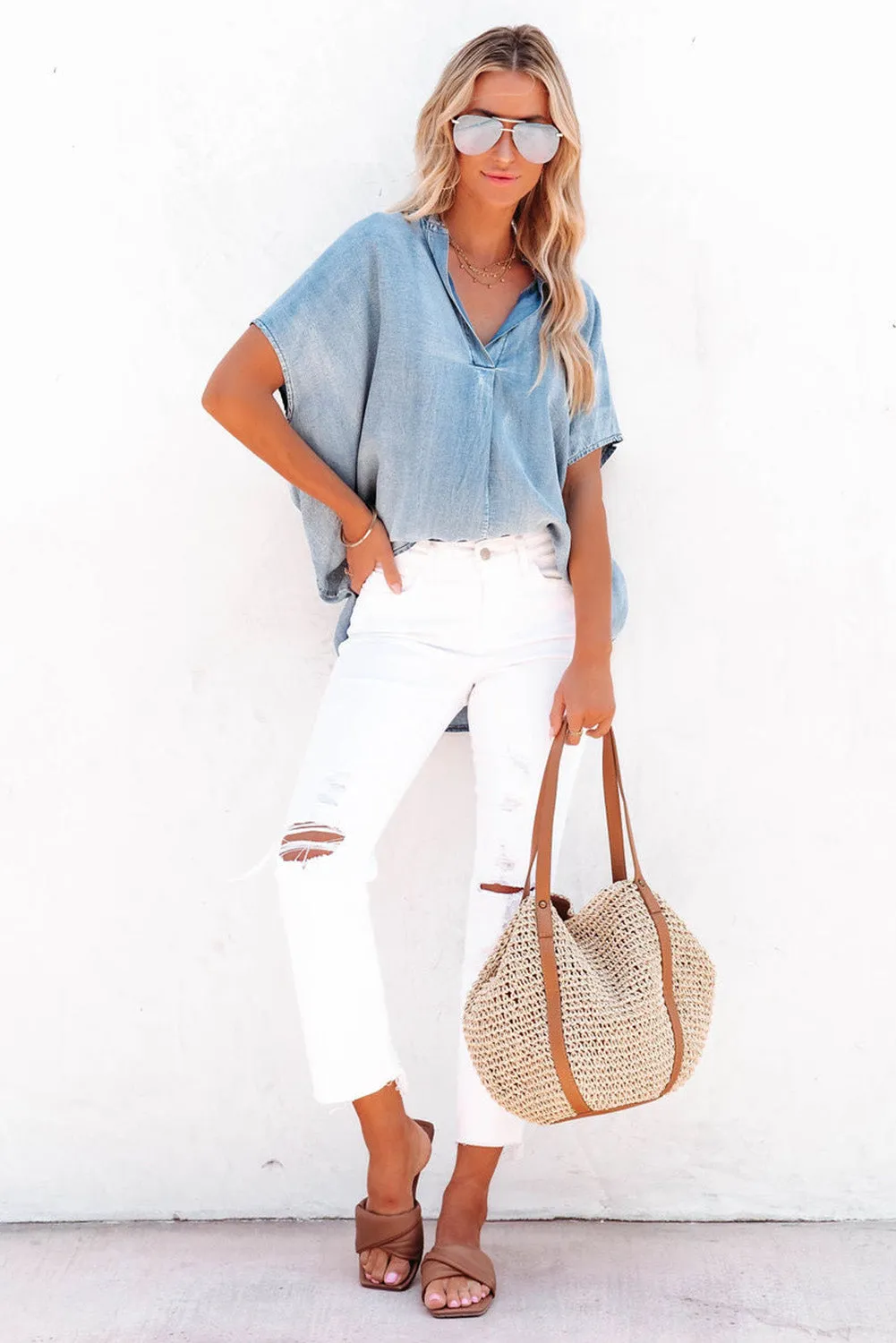 Short Sleeve Split V-neck Chambray Denim Jean Shirt