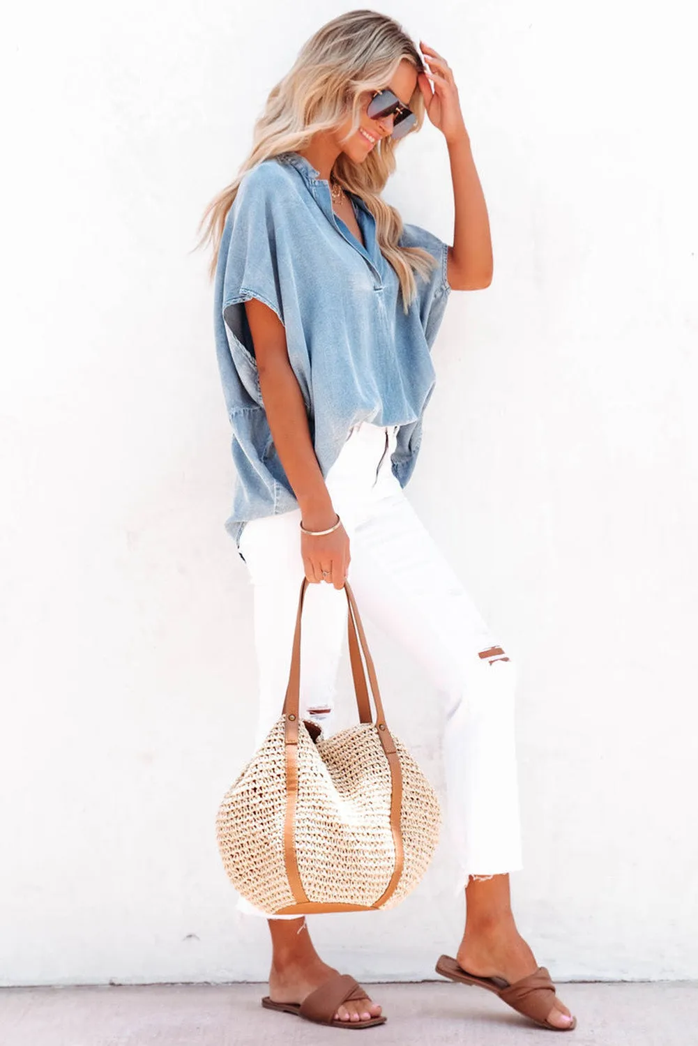 Short Sleeve Split V-neck Chambray Denim Jean Shirt