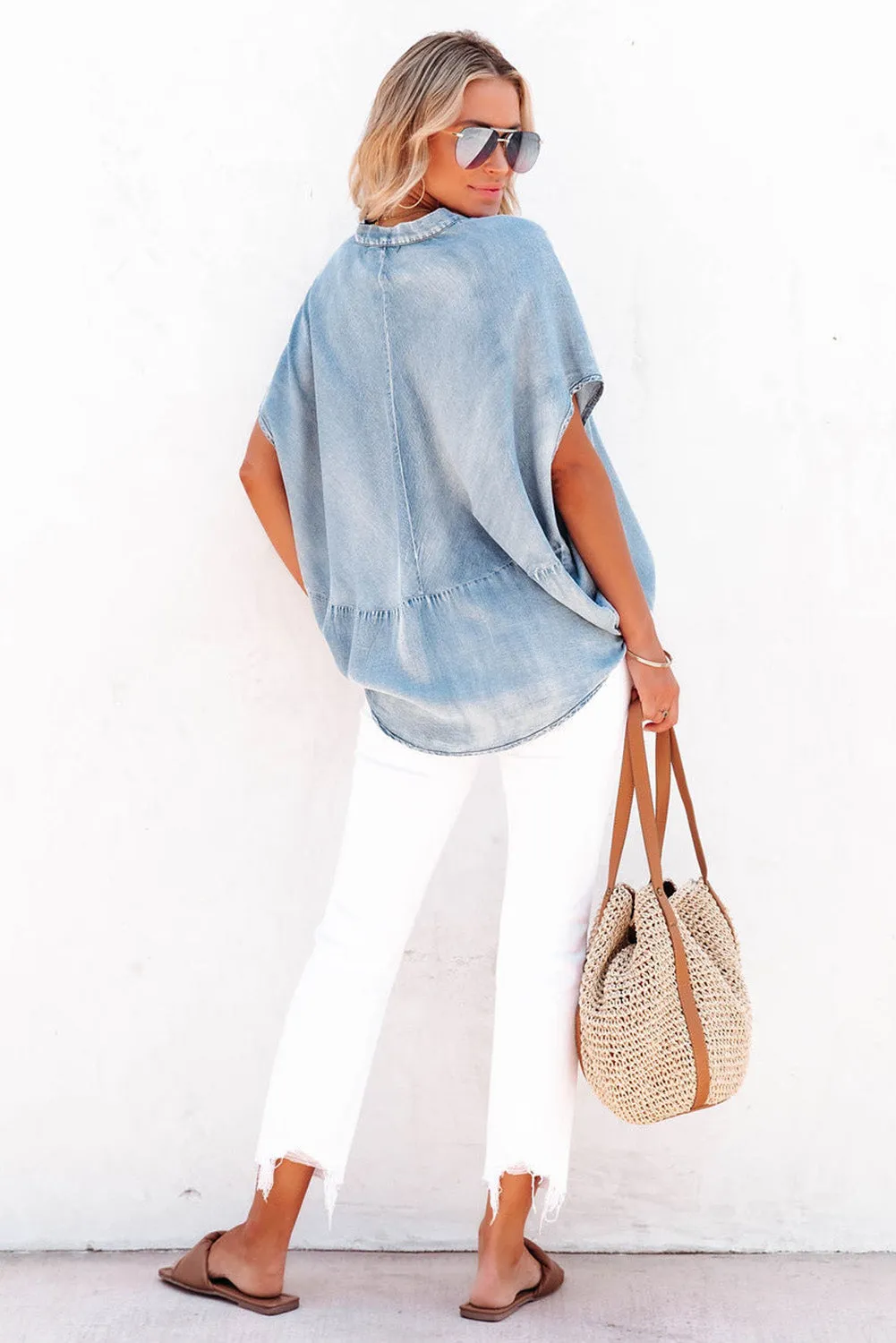 Short Sleeve Split V-neck Chambray Denim Jean Shirt