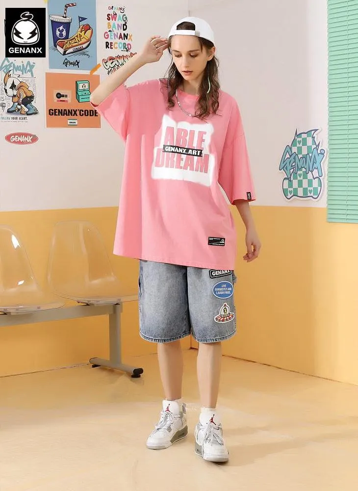 Simple Letter Graffiti Print Drop-Shoulder Sleeve T-Shirt