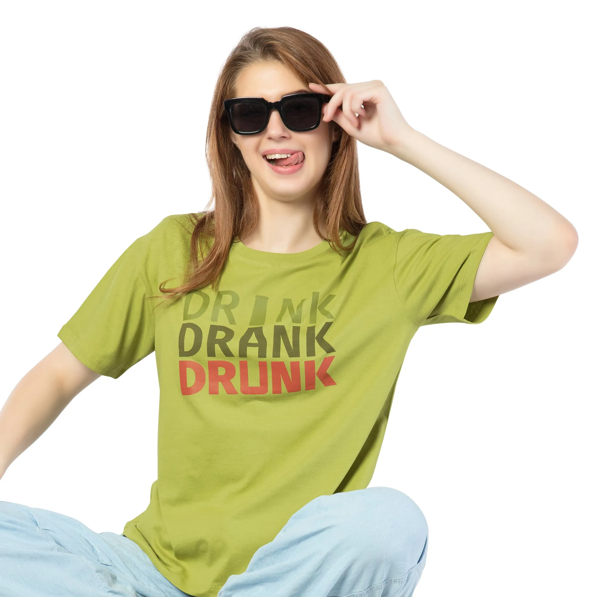 SRF-24072-Cotton- Drunk In Style  Relaxed Fit T-Shirt-Parrot Green