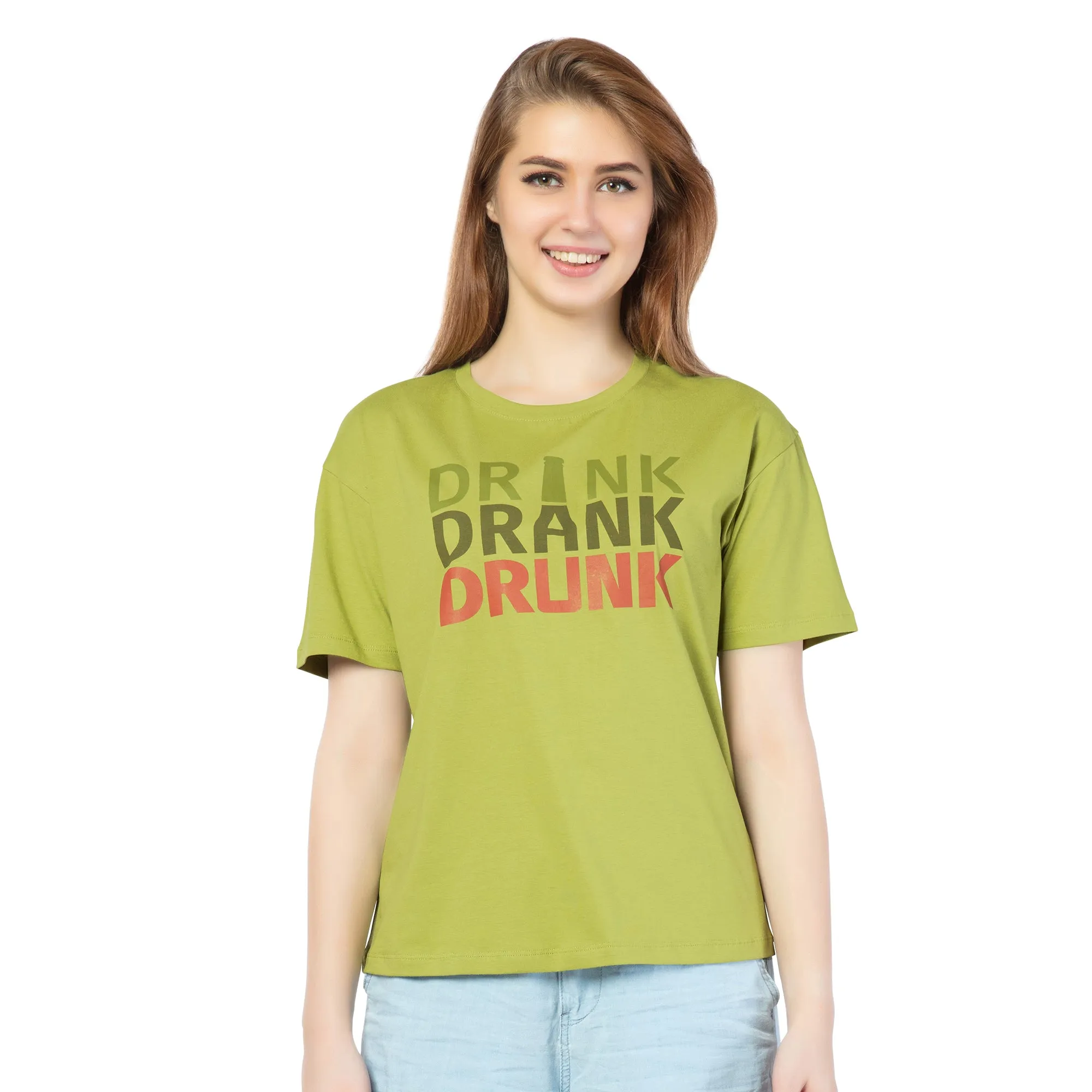 SRF-24072-Cotton- Drunk In Style  Relaxed Fit T-Shirt-Parrot Green