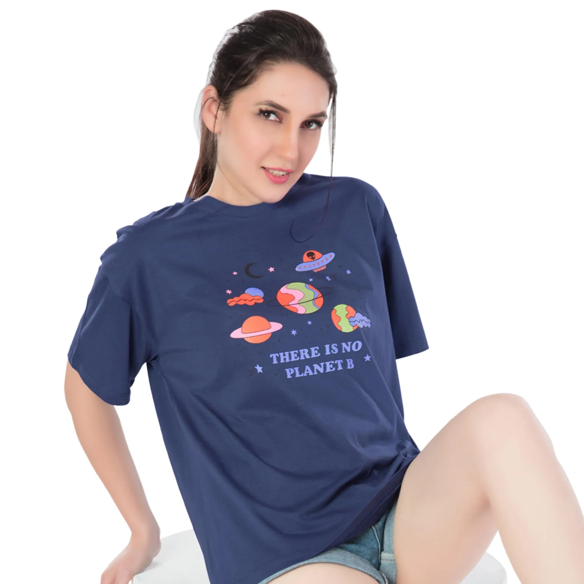 SRF-24079-Cotton-Planet Be  Relaxed Fit T-Shirt Dark Blue