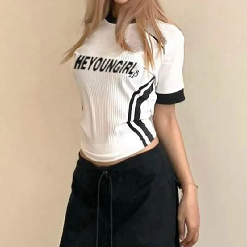 Street Mechanical Basic Letter Graphic Print Sunken Stripe T shirt Sexy Fashionable Contrast Color Striped Stitching Short Top