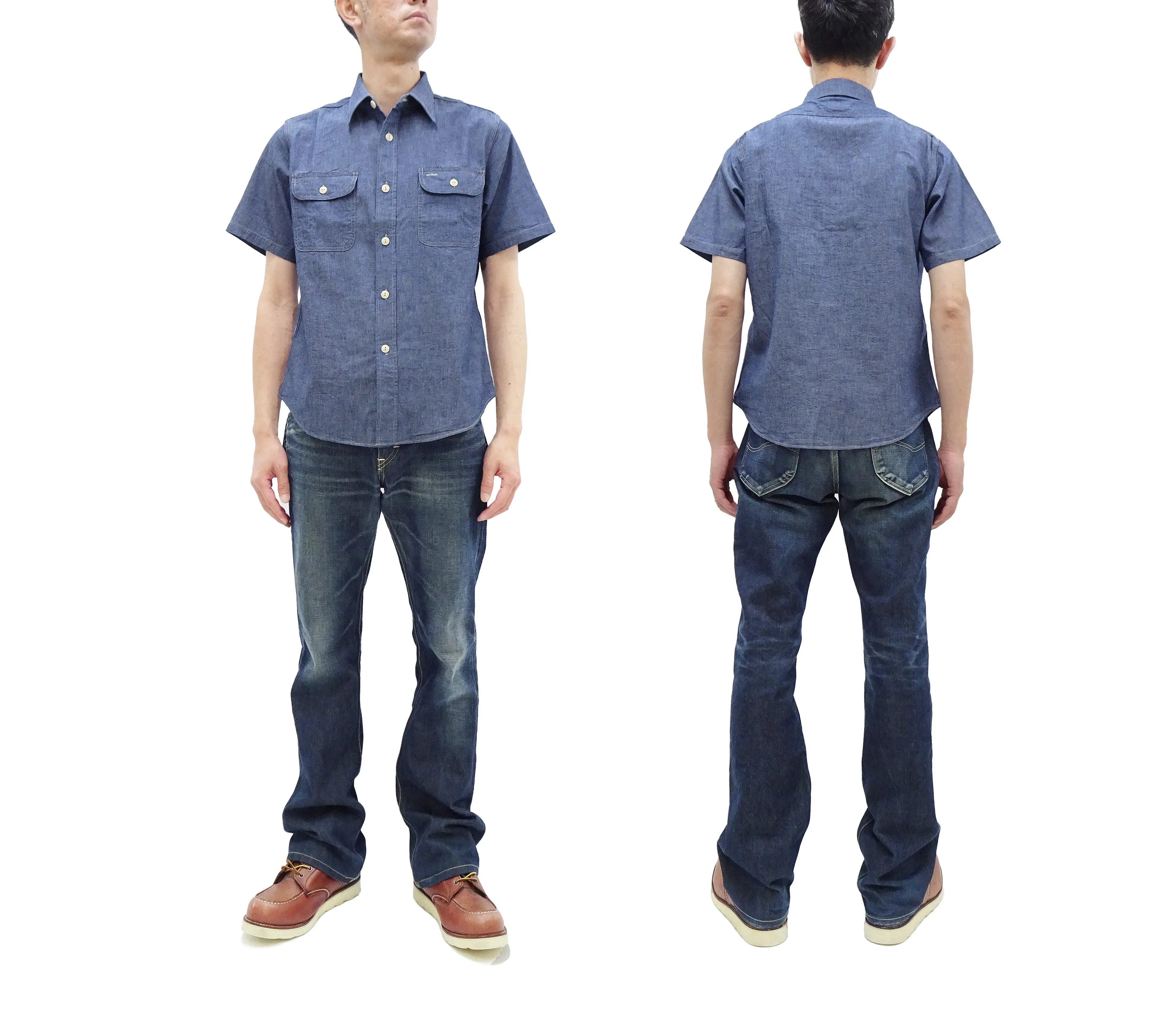 Sugar Cane Blue Chambray Shirt Men's Casual Short Sleeve Plain Button Up Work Shirt SC37941 421 Blue One Wash