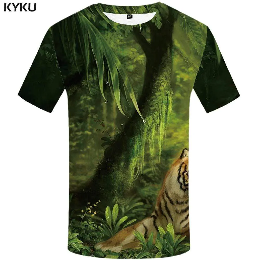 Tiger T-shirts Men Forest Tshirt Anime Leaves T-shirt 3d Green T shirts Funny Animal Tshirts Print Mens Fashion Graphic Unisex