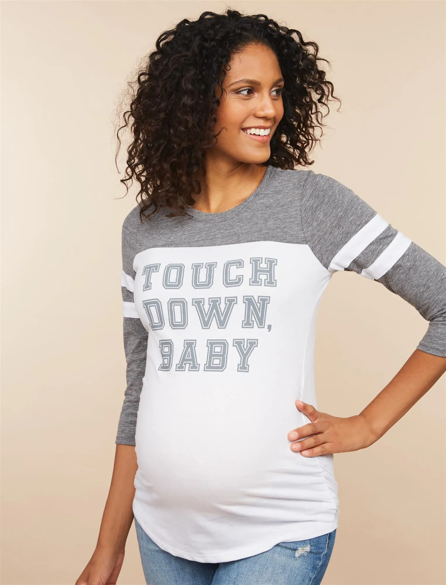 Touchdown Baby  3/4 Sleeve Maternity Shirt in White