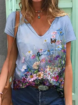 V Neck Casual Floral T-Shirt UU46