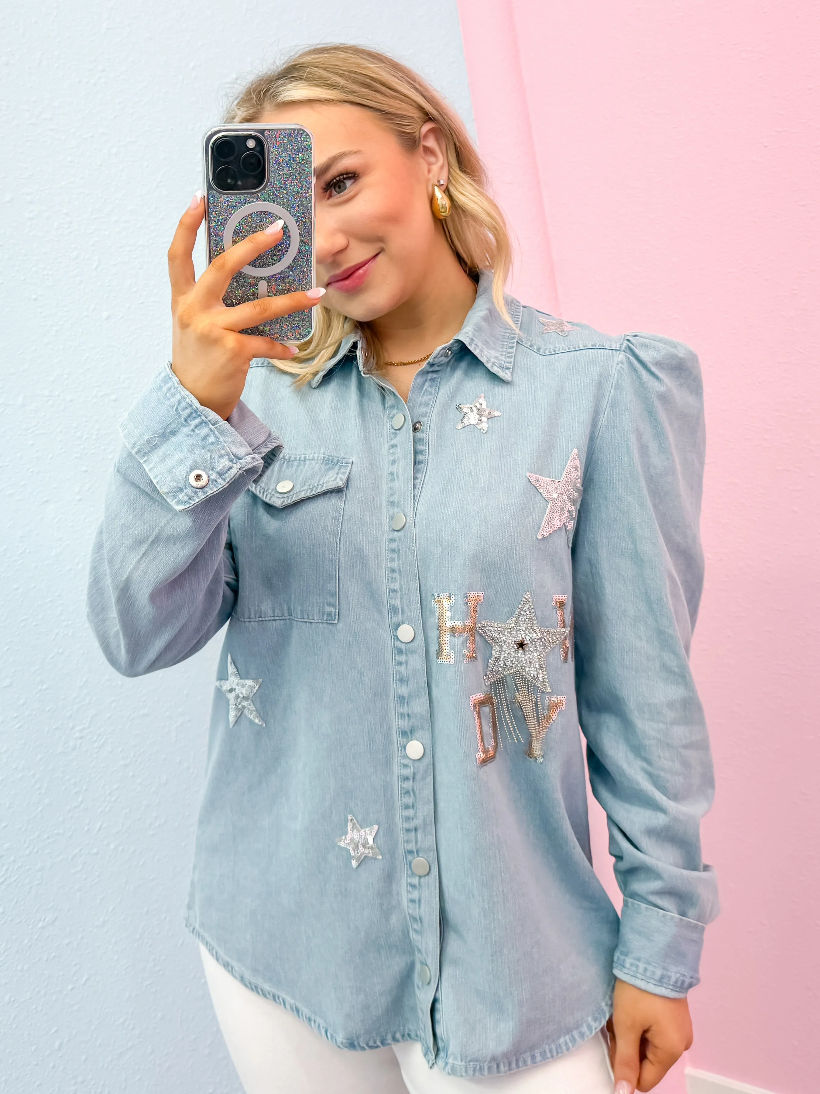 Washed Chambray Sequin Western Shirt