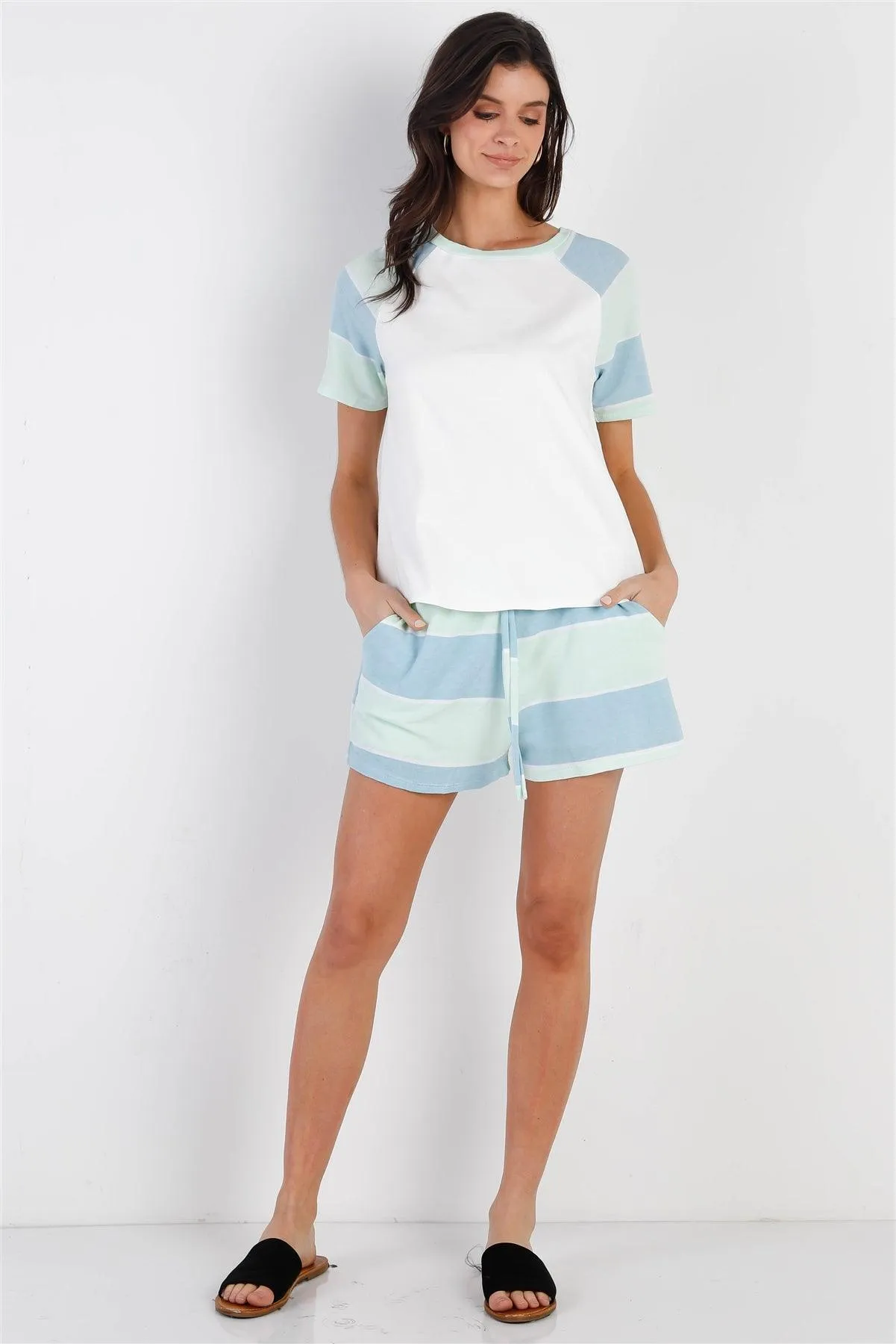 White & Mint Blue Stripe T-Shirt Top & Short Set /1-2-2