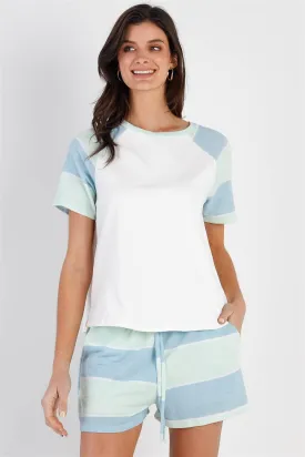 White & Mint Blue Stripe T-Shirt Top & Short Set /1-2-2