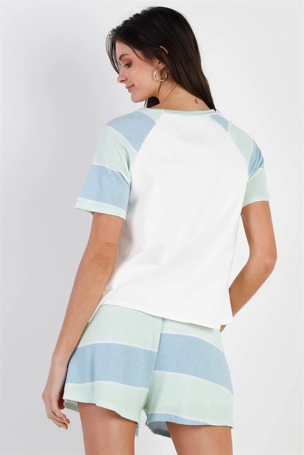 White & Mint Blue Stripe T-Shirt Top & Short Set /1-2-2