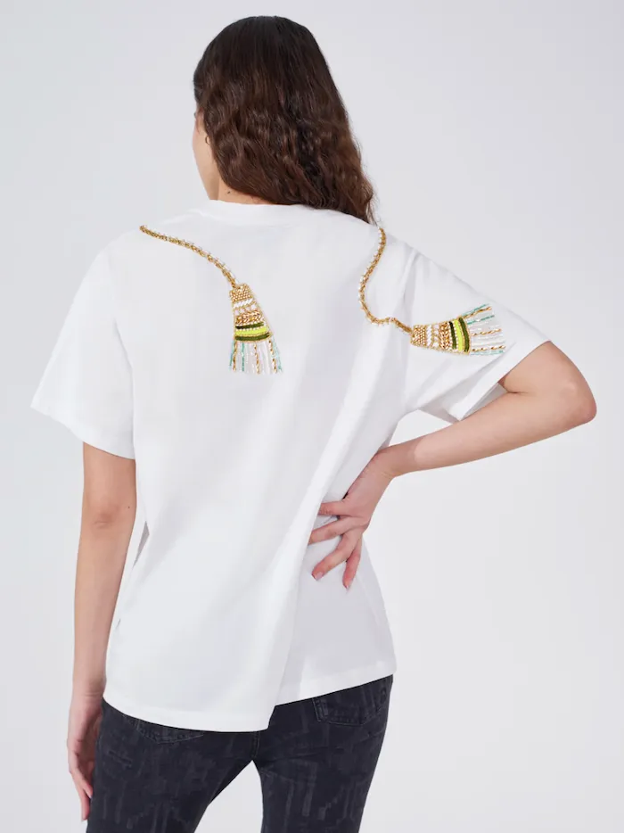 White Beaded Tassel T-Shirt