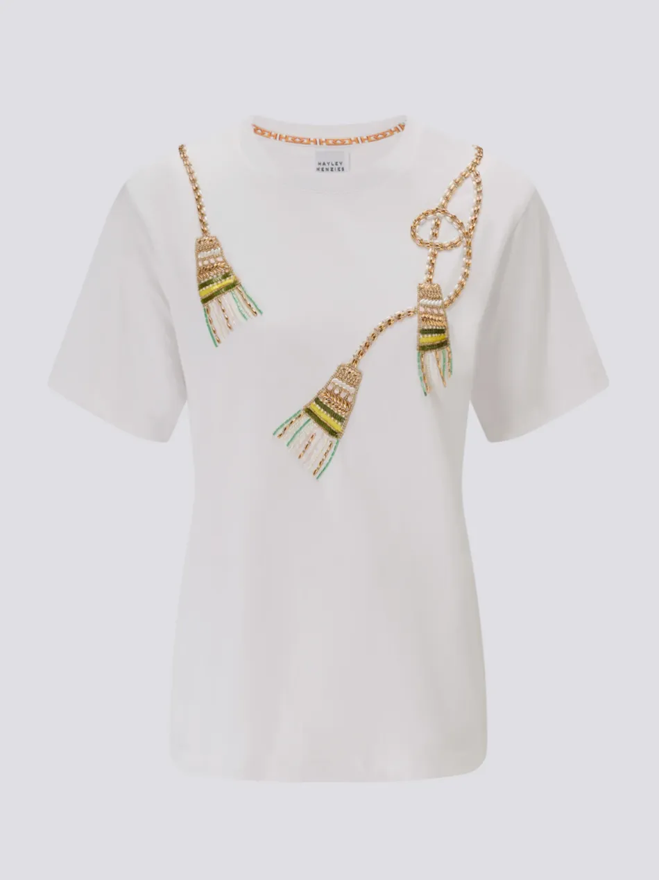 White Beaded Tassel T-Shirt