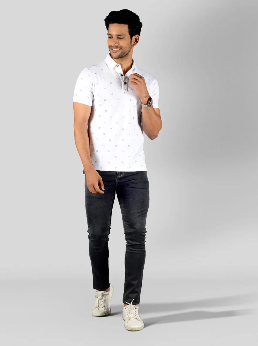 White Printed Slim Fit Polo T-shirt | JadeBlue