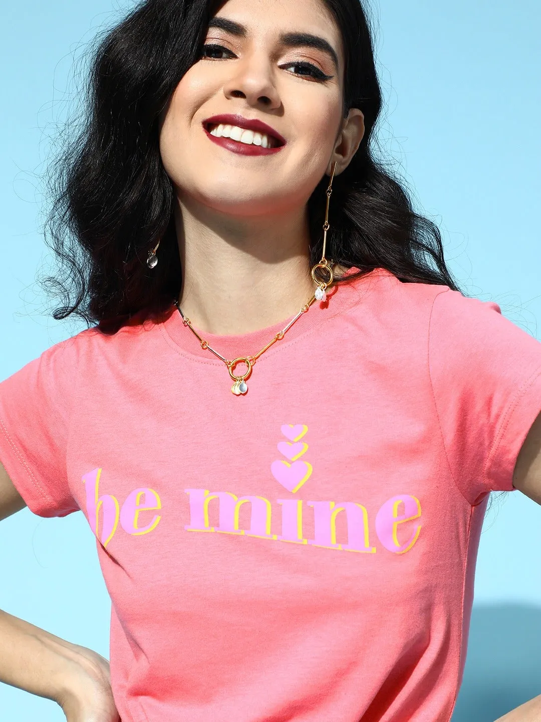 Women Pink Be Mine Tie-Knot Crop T-Shirt