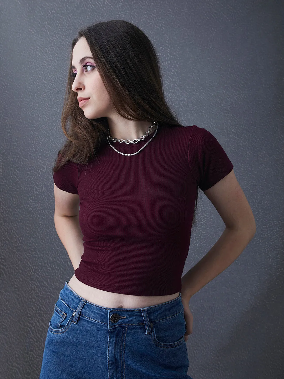 Women Premium Cotton Ribbed Slim Fit Maroon Crop Top