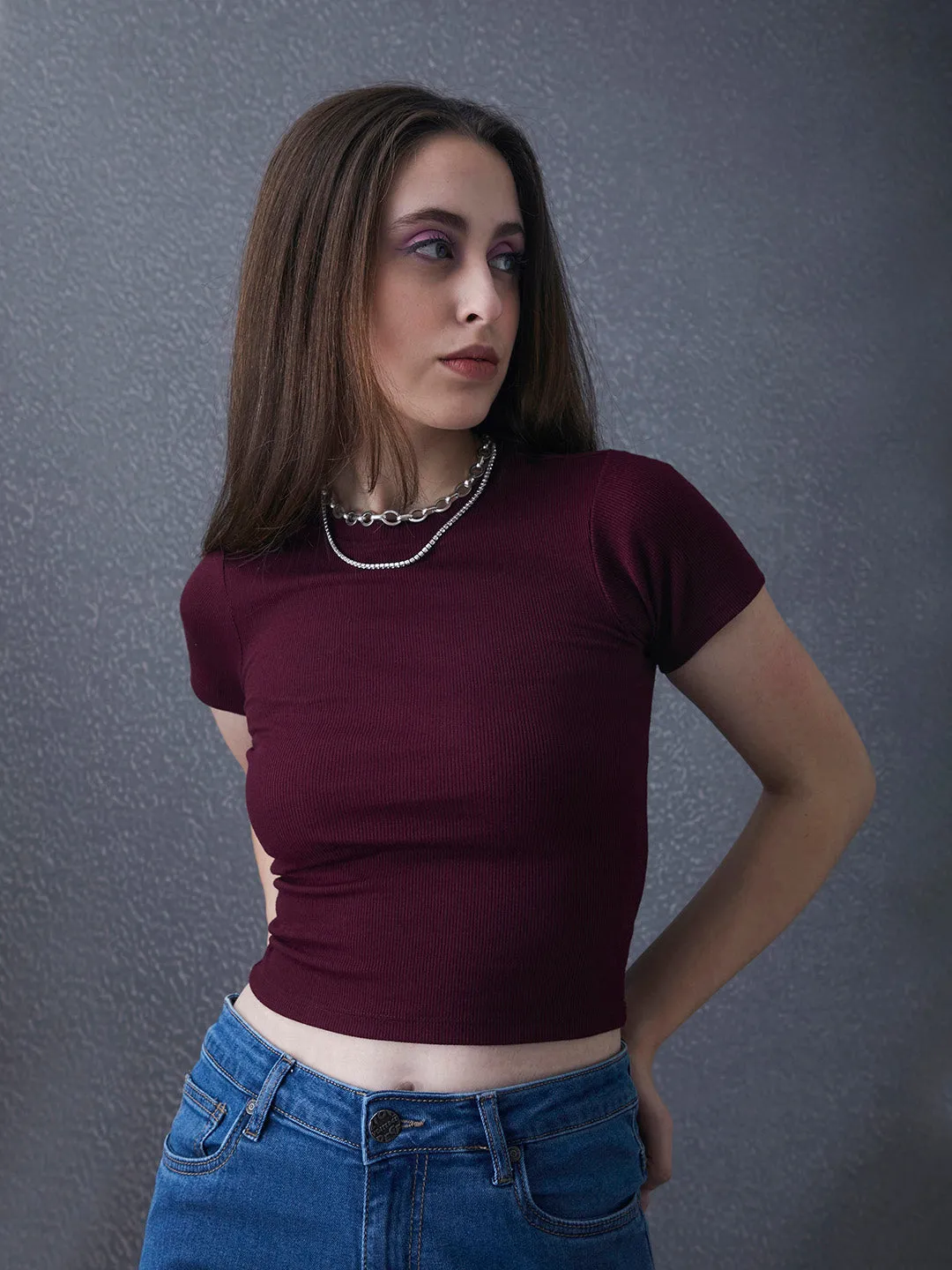 Women Premium Cotton Ribbed Slim Fit Maroon Crop Top