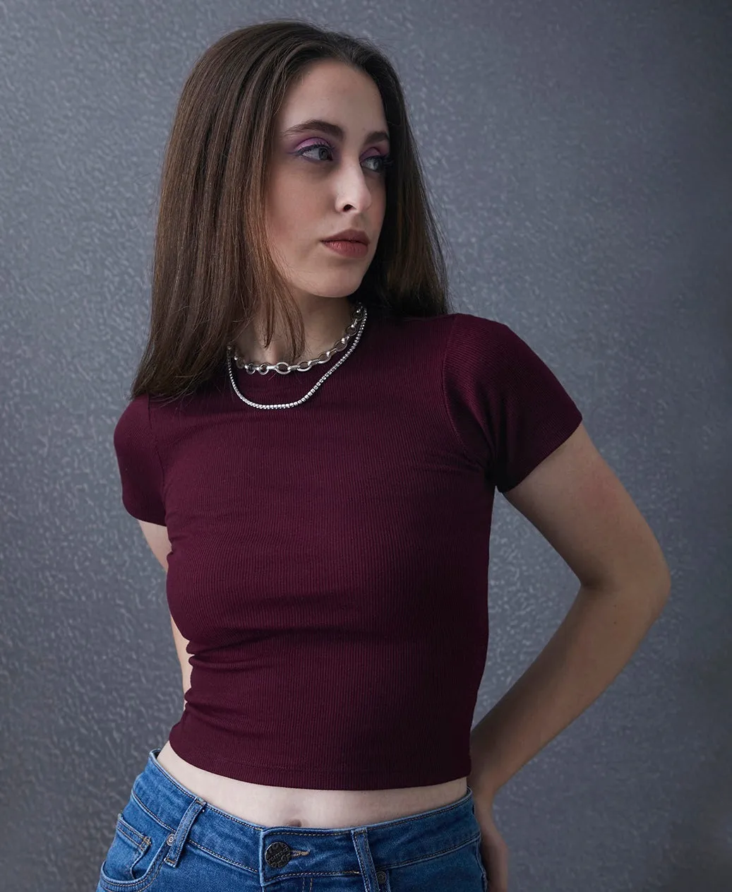 Women Premium Cotton Ribbed Slim Fit Maroon Crop Top