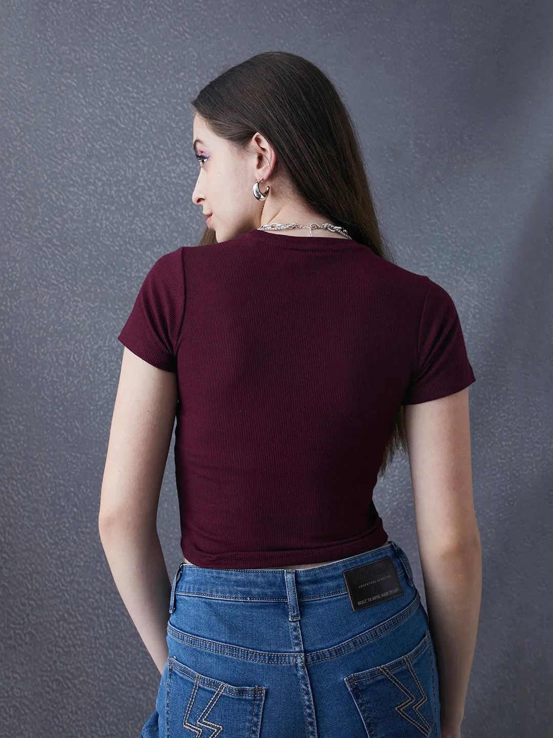 Women Premium Cotton Ribbed Slim Fit Maroon Crop Top