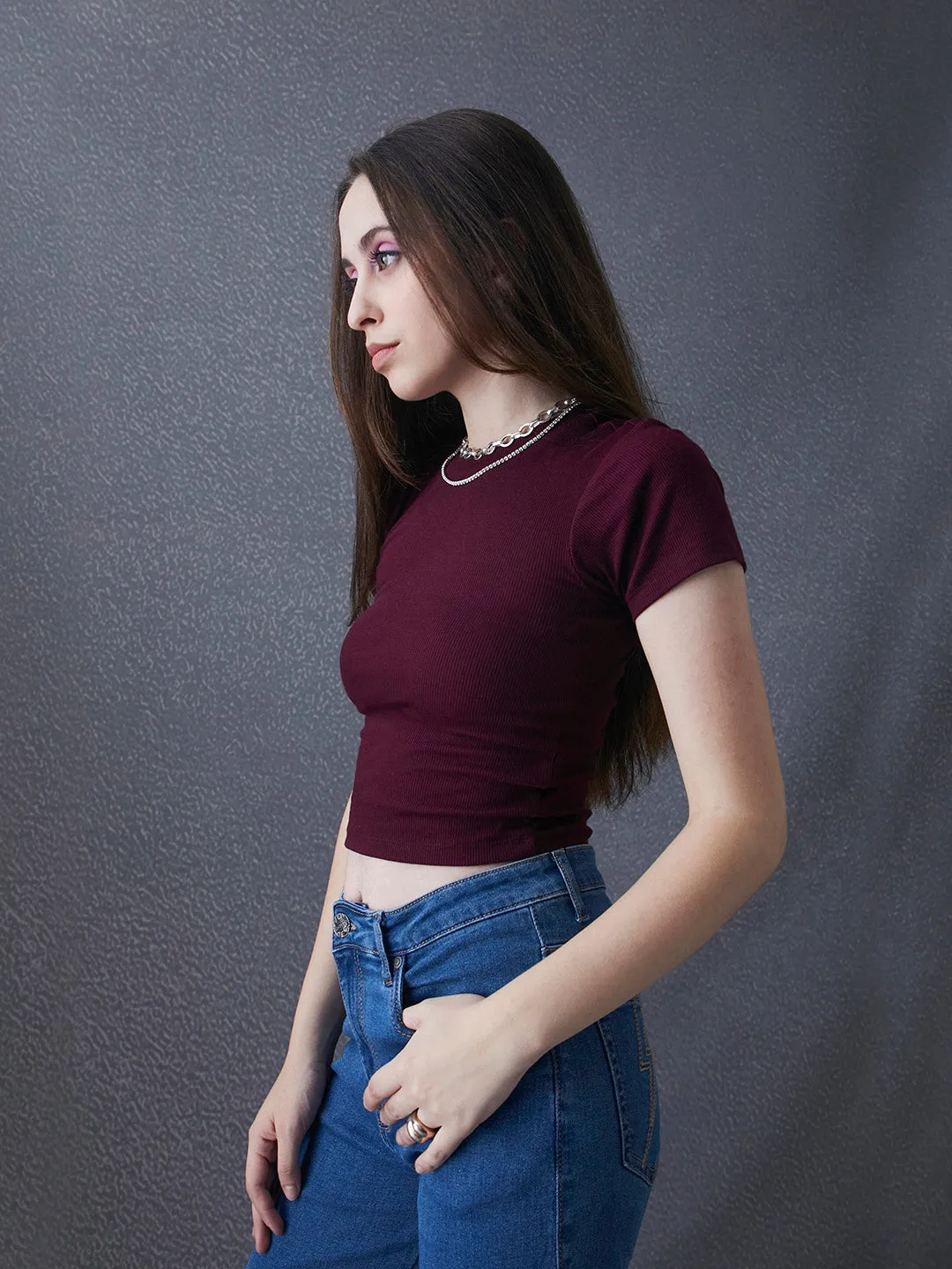 Women Premium Cotton Ribbed Slim Fit Maroon Crop Top