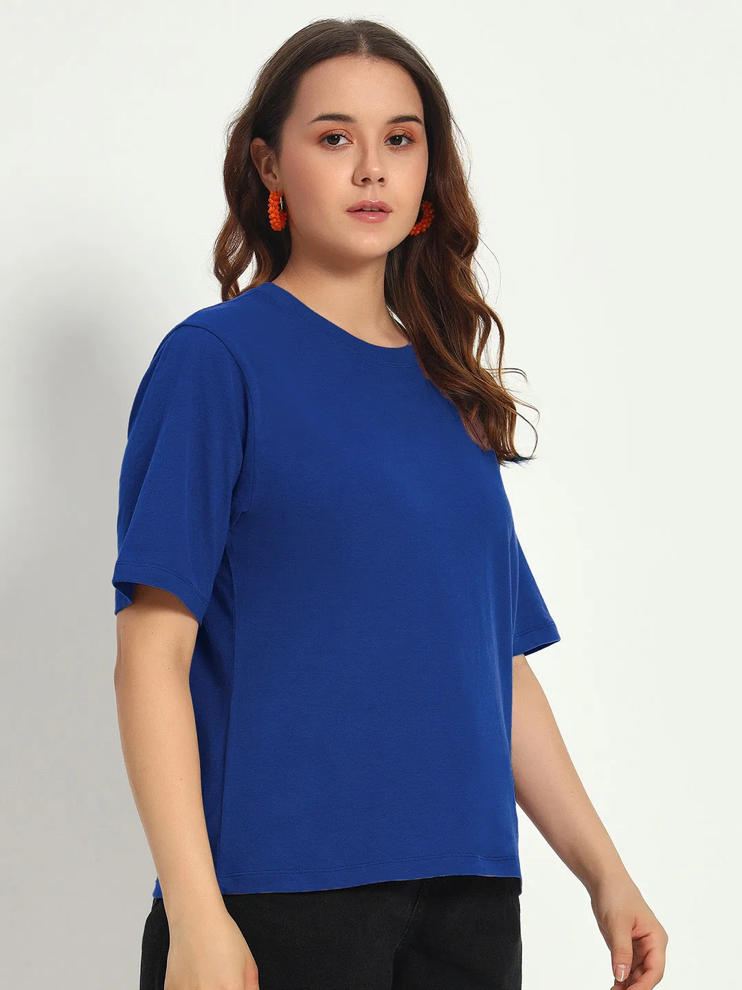 Women Royal Blue Solid Round Neck Pure Cotton T-Shirt