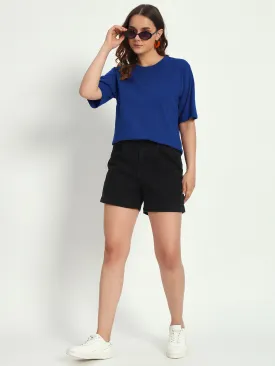 Women Royal Blue Solid Round Neck Pure Cotton T-Shirt