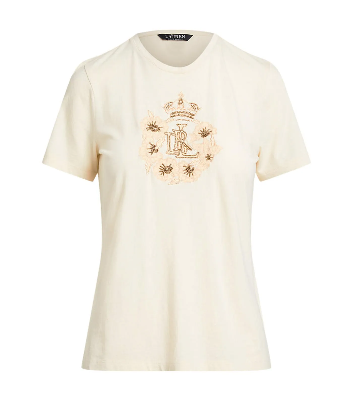 Women's Beaded-Logo Jersey Tee Mascarpone Cream