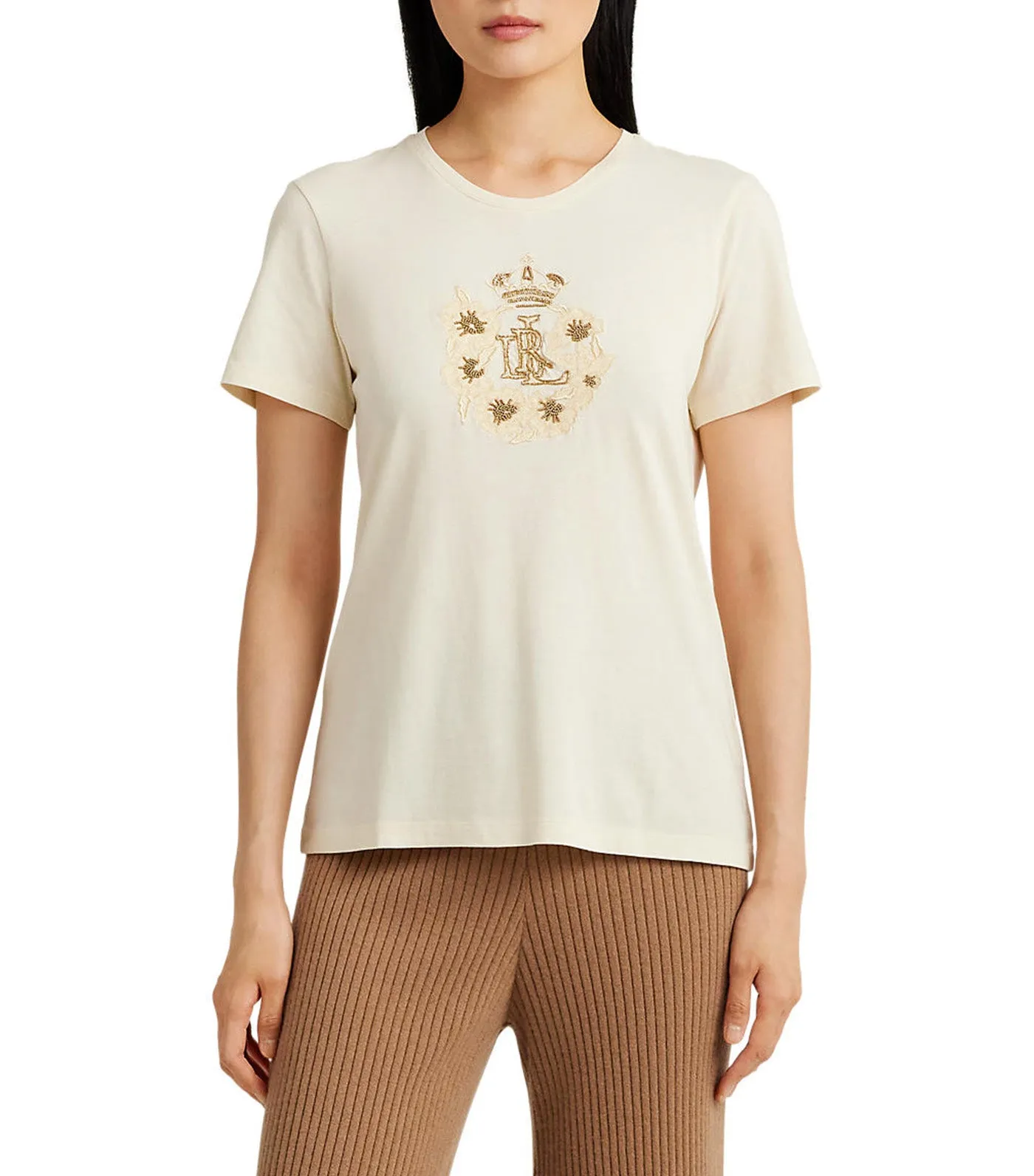 Women's Beaded-Logo Jersey Tee Mascarpone Cream